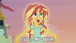 Size: 1280x720 | Tagged: safe, sunset shimmer, equestria girls, g4, my little pony equestria girls: rainbow rocks, my past is not today, christian sunset shimmer, christianity, image macro, jesus christ, meme, religion, religion in the comments, religious focus, religious headcanon
