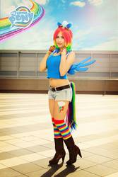 Size: 1366x2048 | Tagged: safe, artist:yeonlang, rainbow dash, human, g4, belly button, boots, cleavage, clothes, cosplay, female, high heel boots, high heels, irl, irl human, midriff, photo, shoes, solo, tank top