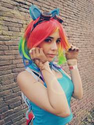 Size: 774x1032 | Tagged: safe, artist:yeonlang, rainbow dash, human, g4, black underwear, bra strap, clothes, cosplay, irl, irl human, photo, solo, tank top, underwear