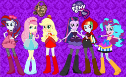 Size: 1142x699 | Tagged: safe, artist:thunderfists1988, applejack, fluttershy, pinkie pie, rainbow dash, rarity, twilight sparkle, equestria girls, g4, apple white, ashlynn ella, briar beauty, cerise hood, ever after high, maddie hatter, madeline hatter, raven queen