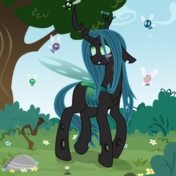 Size: 5000x5000 | Tagged: safe, artist:kevinsano edits, artist:kooner-cz, edit, queen chrysalis, changeling, changeling queen, parasprite, g4, absurd resolution, blushing, female, smiling, solo