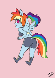 Size: 700x1000 | Tagged: dead source, safe, artist:juliethe, rainbow dash, anthro, g4, ass, butt, female, human facial structure, pink background, simple background, solo