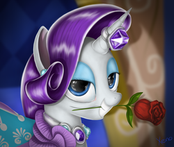 Size: 1500x1272 | Tagged: safe, artist:the1xeno1, rarity, pony, g4, female, horn, horn ring, mouth hold, rose, solo