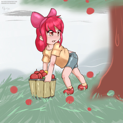 Size: 1000x1000 | Tagged: safe, artist:makoruu, apple bloom, human, g4, applebucking, chores, cute, humanized
