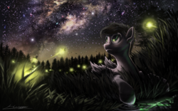 Size: 1920x1200 | Tagged: safe, artist:huussii, oc, oc only, oc:apollo heart, firefly (insect), insect, pegasus, pony, looking up, lying, night, night sky, pegasus oc, sky, solo, stars, the cosmos