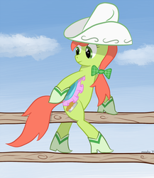 Size: 900x1039 | Tagged: safe, artist:manateemckenzie, peachy sweet, earth pony, pony, g4, apple family member, background pony, boots, bow, cowboy boots, cowboy hat, female, fence, hair bow, hat, mare, saddle, shoes, solo, tack