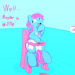 Size: 4000x4000 | Tagged: safe, artist:softandfluffy, oc, oc only, oc:softandfluffy, absurd resolution, adult foal, bib, chair, diaper, dirty, highchair, messy eating, non-baby in diaper, poofy diaper, solo