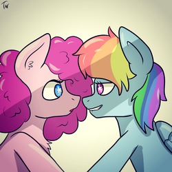 Size: 2000x2000 | Tagged: safe, artist:kennyteya, pinkie pie, rainbow dash, earth pony, pegasus, pony, g4, :o, bedroom eyes, chest fluff, cute, eye contact, female, gradient background, grin, high res, lesbian, lip bite, mare, ship:pinkiedash, shipping, smiling, starry eyes, wide eyes, wingding eyes