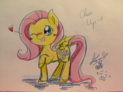 Size: 1024x768 | Tagged: safe, artist:chichicherry123, fluttershy, g4, blushing, cheer up, colored pencil drawing, cute, female, happy, heart, open mouth, raised leg, shadow, shyabetes, smiling, solo, traditional art, wink
