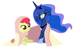 Size: 1188x780 | Tagged: safe, artist:dilemmas4u, apple bloom, princess luna, g4, adorabloom, blanket, cute, lunabetes, show accurate, simple background, transparent background