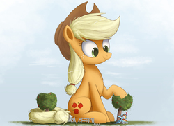 Size: 3000x2185 | Tagged: safe, artist:ncmares, applejack, rainbow dash, pony, g4, apple, apple tree, big-apple-pony, cute, fence, giant pony, giantess, hat, high res, macro, ncmares is trying to murder us, size difference, smoldash, tree