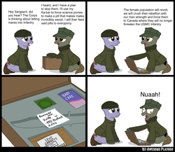 Size: 1368x1186 | Tagged: safe, artist:ethanchang, oc, oc only, oc:pfc boot, oc:portlock, oc:rapiddeploy, earth pony, pony, 1st awesome platoon, book, comic, condom, infantry, insane troll logic, marine corps, nuaah, sitting, us marines