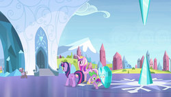 Size: 1351x768 | Tagged: safe, artist:dtkraus, edit, princess cadance, spike, twilight sparkle, alicorn, crystal pony, dragon, pony, g4, blushing, butt, cargo ship, crush, crystal heart, eyes closed, female, following, frown, gritted teeth, male, mare, plot, shipping, smiling, spikeheart, twilight sparkle (alicorn), walking, wat, worried