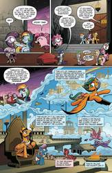 Size: 624x960 | Tagged: safe, artist:andypriceart, idw, official comic, applejack, fluttershy, king orion, masquerade (g1), pinkie pie, queen chrysalis, rainbow dash, rarity, spike, twilight sparkle, alicorn, bat pony, changeling, earth pony, pegasus, pony, twinkle eyed pony, unicorn, fiendship is magic #5, g4, my little pony: fiendship is magic, spoiler:comic, beard, bow, city, cloud, comic, couch, crown, facial hair, fake chrysalis, female, flying, jewelry, male, mane six, mare, preview, regalia, speech bubble, stallion, tail bow, throne, timbucktu, twilight sparkle (alicorn)