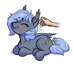 Size: 2904x2656 | Tagged: source needed, safe, artist:mav, oc, oc only, oc:panne, bat pony, pony, blushing, cute, disembodied hand, ear scratch, eyes closed, fangs, grin, hand, high res, petting, prone, smiling, tail wrap