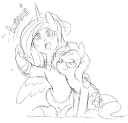 Size: 903x872 | Tagged: safe, artist:ende26, princess cadance, sunset shimmer, alicorn, pony, unicorn, g4, glasses, monochrome, open mouth, sketch, wavy mouth