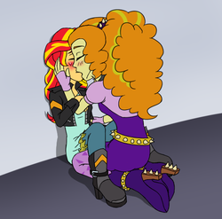 Size: 557x551 | Tagged: safe, artist:catlover1672, adagio dazzle, sunset shimmer, equestria girls, g4, blushing, clothes, duo, female, jacket, kiss on the lips, kissing, kneeling, leather jacket, lesbian, ship:sunsagio, shipping
