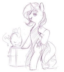 Size: 540x604 | Tagged: safe, artist:ende26, spike, sunset shimmer, pony, unicorn, g4, clothes, dress, female, male, monochrome, musical instrument, piano, ship:sunsetspike, shipping, sketch, straight