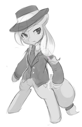 Size: 563x870 | Tagged: safe, artist:ende26, applejack, earth pony, pony, g4, bipedal, clothes, doodle, female, hat, monochrome, simple background, solo