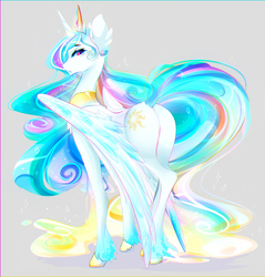 Size: 2125x2222 | Tagged: safe, artist:koveliana, princess celestia, alicorn, pony, g4, anthro and pony pack, bedroom eyes, butt, chromatic aberration, color porn, featureless crotch, female, high res, large wings, looking at you, looking back, plot, raised tail, solo, sunbutt, unshorn fetlocks