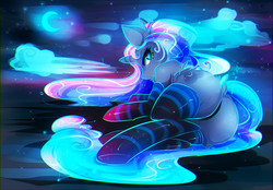 Size: 2490x1738 | Tagged: safe, artist:koveliana, princess luna, alicorn, pony, g4, anthro and pony pack, bedroom eyes, butt, chromatic aberration, clothes, color porn, featureless crotch, female, heart, heart eyes, human shoulders, looking at you, looking back, mare, moonbutt, plot, socks, solo, striped socks, wingding eyes