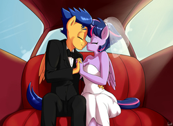 Size: 2200x1600 | Tagged: safe, artist:skecchiart, flash sentry, twilight sparkle, alicorn, pegasus, anthro, g4, alternate hairstyle, breasts, cleavage, clothes, dress, female, folded wings, horn, just married, male, punklight sparkle, ship:flashlight, shipping, straight, suit, tuxedo, twilight sparkle (alicorn), wedding, wedding dress, wedding suit, wedding veil, wings, wings down