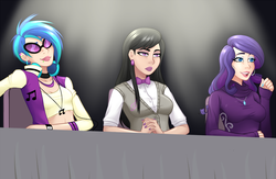 Size: 2000x1303 | Tagged: safe, artist:emberfan11, dj pon-3, octavia melody, rarity, vinyl scratch, human, bloom & gloom, g4, my little pony: friendship is magic, clothes, female, humanized, scene interpretation