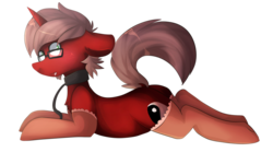 Size: 1024x570 | Tagged: safe, artist:oddends, oc, oc only, oc:sojourner, pony, unicorn, brown mane, chest fluff, clothes, collar, cutie mark, embarrassed, floppy ears, glasses, goatee, green eyes, horn, leash, looking at you, lying down, male, messy hair, messy mane, open mouth, red fur, simple background, socks, solo, stallion, transparent background, yin-yang