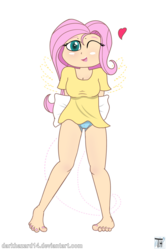 Size: 2000x3000 | Tagged: dead source, safe, artist:sugarlesspaints, fluttershy, human, g4, barefoot, blue underwear, boyshorts, breasts, busty fluttershy, clothes, feet, female, high res, humanized, nail polish, pajamas, panties, pillow, simple background, skirt, solo, transparent background, underwear, upskirt, wink