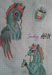 Size: 1836x2646 | Tagged: safe, artist:dragonixa2, oc, oc only, oc:smokey, pegasus, pony, cigarette, graph paper, piercing, smoking, traditional art