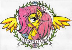 Size: 793x555 | Tagged: safe, artist:petanoprime, fluttershy, pegasus, pony, g4, bust, female, floating wings, mare, solo, text, traditional art, wings