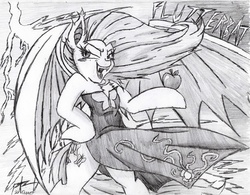 Size: 1968x1535 | Tagged: safe, artist:petanoprime, fluttershy, bat pony, anthro, unguligrade anthro, g4, apple, arm hooves, bat ponified, clothes, dress, female, flutterbat, flying, food, grayscale, hoof hold, monochrome, race swap, signature, smiling, smirk, solo, spread wings, text, traditional art, wings