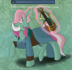 Size: 800x776 | Tagged: safe, artist:kourabiedes, fizzy, ask fizzy, g1, ask, clothes, crossover, female, magic, musical instrument, solo, tumblr