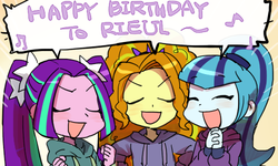 Size: 500x300 | Tagged: safe, artist:baekgup, adagio dazzle, aria blaze, sonata dusk, equestria girls, g4, cute, dialogue, eyes closed, happy birthday, singing, the dazzlings