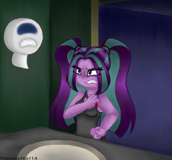 Size: 1024x954 | Tagged: safe, artist:queentigrel, aria blaze, equestria girls, g4, angry, bathroom, clothes, fanfic art, gritted teeth, tank top, teeth