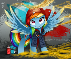Size: 1181x987 | Tagged: dead source, safe, artist:supermare, rainbow dash, pegasus, pony, g4, backwards cutie mark, beanie, clothes, crossover, delsin rowe, female, hat, infamous, infamous second son, mare, smiling, solo