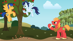 Size: 3840x2160 | Tagged: safe, artist:flashlighthouse, big macintosh, flash sentry, soarin', earth pony, pegasus, pony, g4, apple, behaving like a bird, eating, flying, high res, male, spread wings, stallion, wings