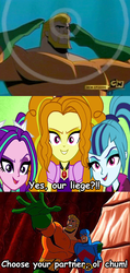 Size: 427x900 | Tagged: safe, edit, screencap, adagio dazzle, aria blaze, sonata dusk, equestria girls, g4, my little pony equestria girls: rainbow rocks, aquaman, batman: the brave and the bold, cartoon network, crossover, mind control, ryan choi, screencap comic, summoning, telepathy, the atom, the dazzlings