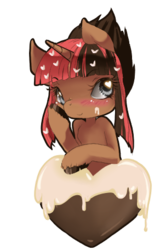 Size: 292x456 | Tagged: safe, artist:loyaldis, oc, oc only, oc:rosecake, pony, unicorn, chocolate, heart, heart eyes, solo, wingding eyes