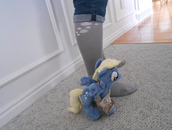 Size: 3264x2448 | Tagged: safe, artist:tiny equine stockings, derpy hooves, human, g4, clothes, crowdfunding, cutie mark, high res, irl, irl human, kneesocks, mailbag, mailmare, photo, plushie, socks, stockings