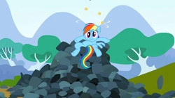 Size: 640x360 | Tagged: safe, screencap, rainbow dash, pegasus, pony, g4, season 3, spike at your service, circling stars, derp, dizzy, female, mare, on back, rock, solo