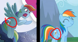 Size: 467x252 | Tagged: safe, rainbow dash, pegasus, pony, g4, spoiler:comic32, animation error, backwards cutie mark, error, female, mare, nitpicking, overanalysing