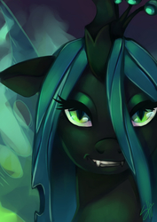 Size: 2480x3507 | Tagged: safe, artist:ravennoodle, queen chrysalis, changeling, changeling queen, g4, fangs, female, high res, looking at you, solo