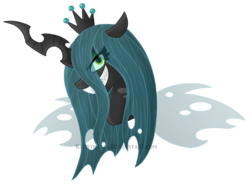 Size: 2149x1594 | Tagged: safe, artist:kitistraza, queen chrysalis, changeling, changeling queen, g4, crown, fangs, female, grin, jewelry, looking at you, regalia, smiling, solo, transparent wings, wings
