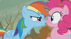 Size: 1407x781 | Tagged: safe, screencap, pinkie pie, rainbow dash, g4, tanks for the memories, boop, nose wrinkle, noseboop