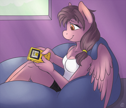 Size: 1200x1033 | Tagged: safe, artist:meggchan, oc, oc only, oc:star burst, pegasus, pikachu, anthro, anthro oc, breasts, clothes, female, game boy, game boy color, gamer, gemini ties, pokémon, pokémon yellow, ranchtown, solo, video game