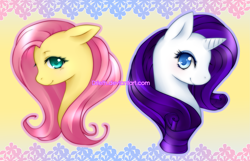 Size: 2781x1786 | Tagged: safe, artist:drieth, fluttershy, rarity, pegasus, pony, unicorn, g4, bust, floppy ears, portrait, watermark