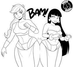 Size: 1386x1270 | Tagged: source needed, safe, artist:megasweet, applejack, human, g4, applebucking thighs, belly button, bracelet, butt bump, butt to butt, butt touch, chel, cleavage, crossover, curvy, female, hips, humanized, midriff, monochrome, sexy, smiling, the road to el dorado, thighs, wide hips