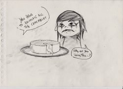 Size: 3507x2550 | Tagged: safe, artist:le chat tombe de la fenêtre, oc, oc only, oc:amber rose (thingpone), oc:thingpone, human, camembert, cheese, comic, dialogue, food, grayscale, high res, monochrome, traditional art, you have to eat all the eggs