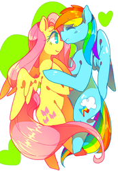 Size: 692x1000 | Tagged: safe, artist:tsukimei99, fluttershy, rainbow dash, pegasus, pony, g4, backwards cutie mark, duo, female, lesbian, pixiv, ship:flutterdash, shipping